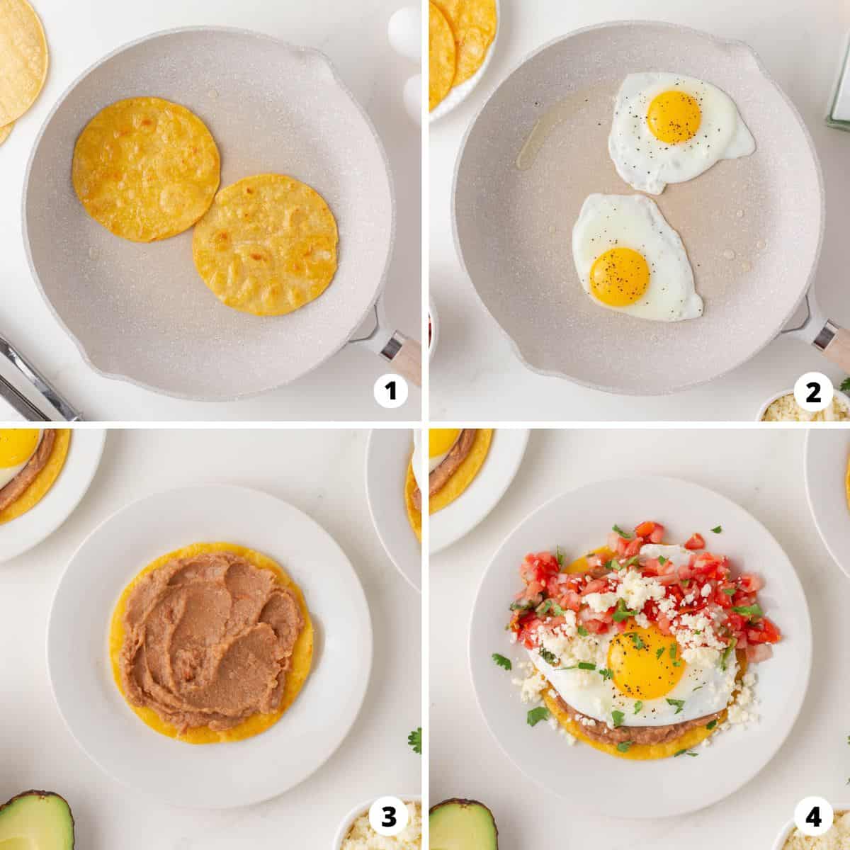 Showing how to make huevos rancheros in a 4 step collage. 