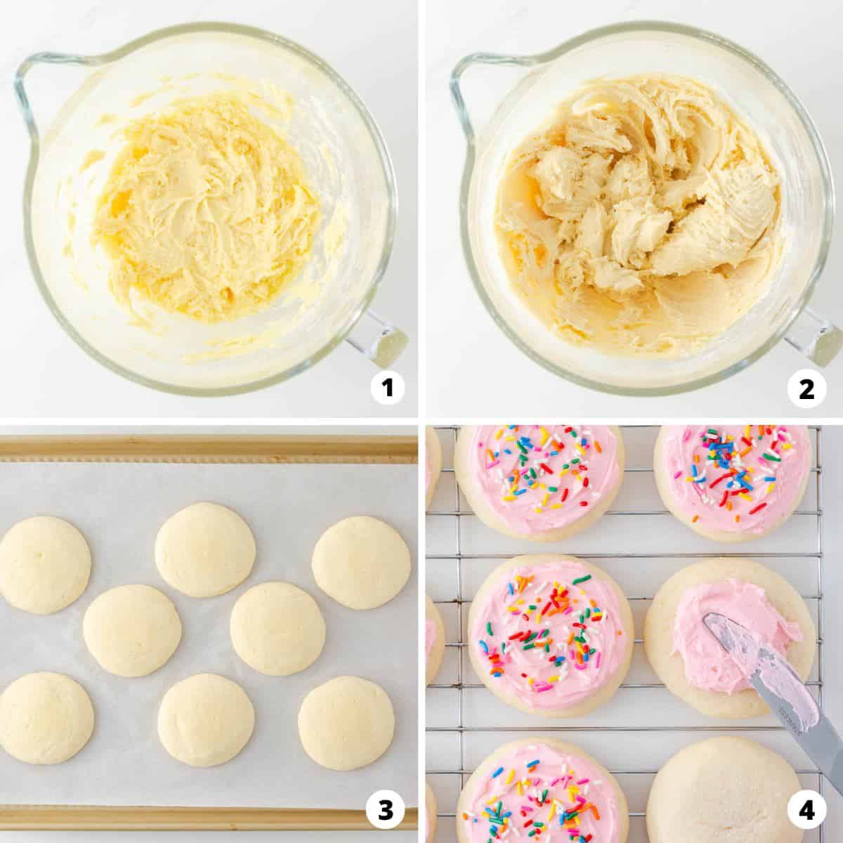 Showing how to make lofthouse cookies in a 4 step collage.