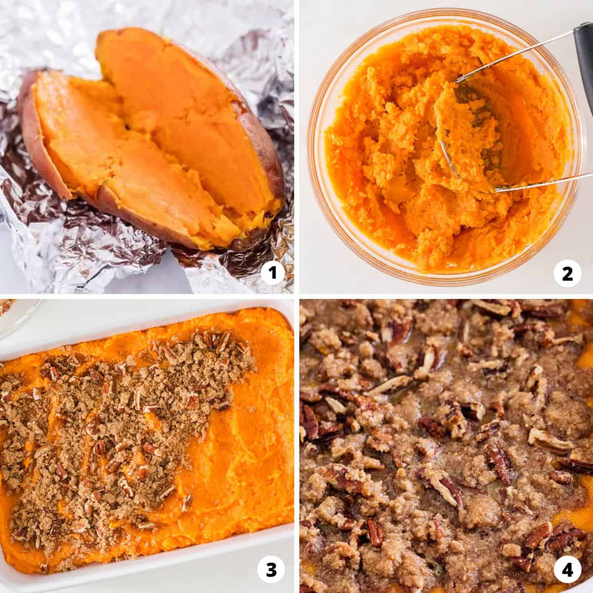 Showing how to make sweet potato casserole in a 4 step collage.