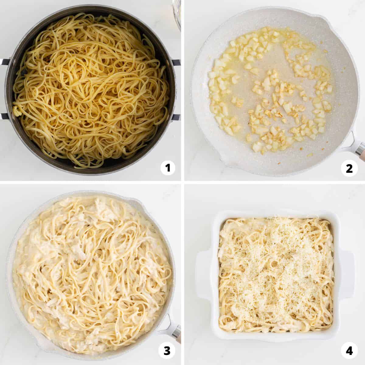 Showing how to make turkey tetrazzini in a 4 step collage.