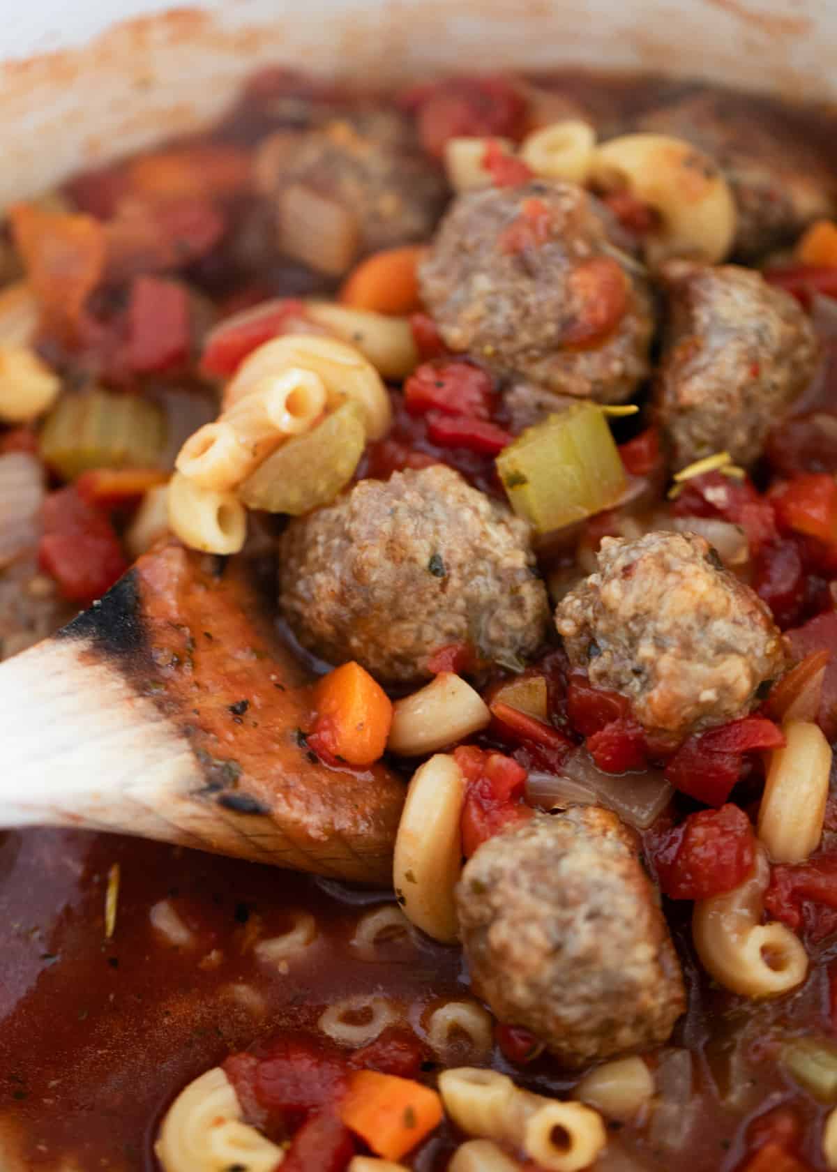 Cooking meatball soup in a pot. 