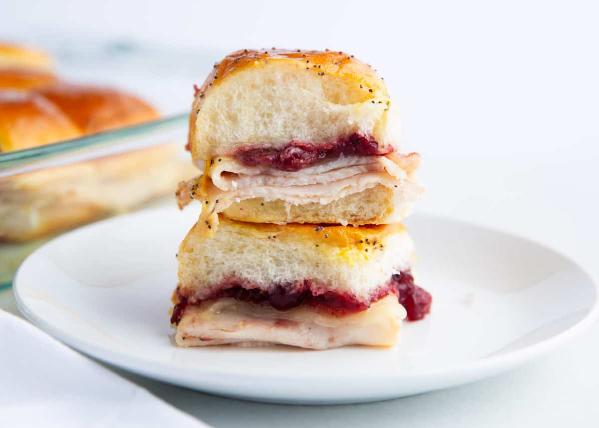 Easy turkey cranberry sliders on a plate.
