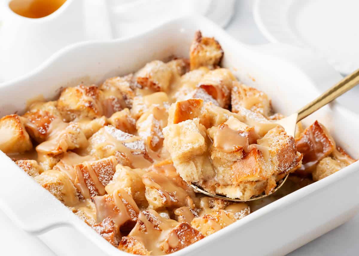 Spoonful of bread pudding.