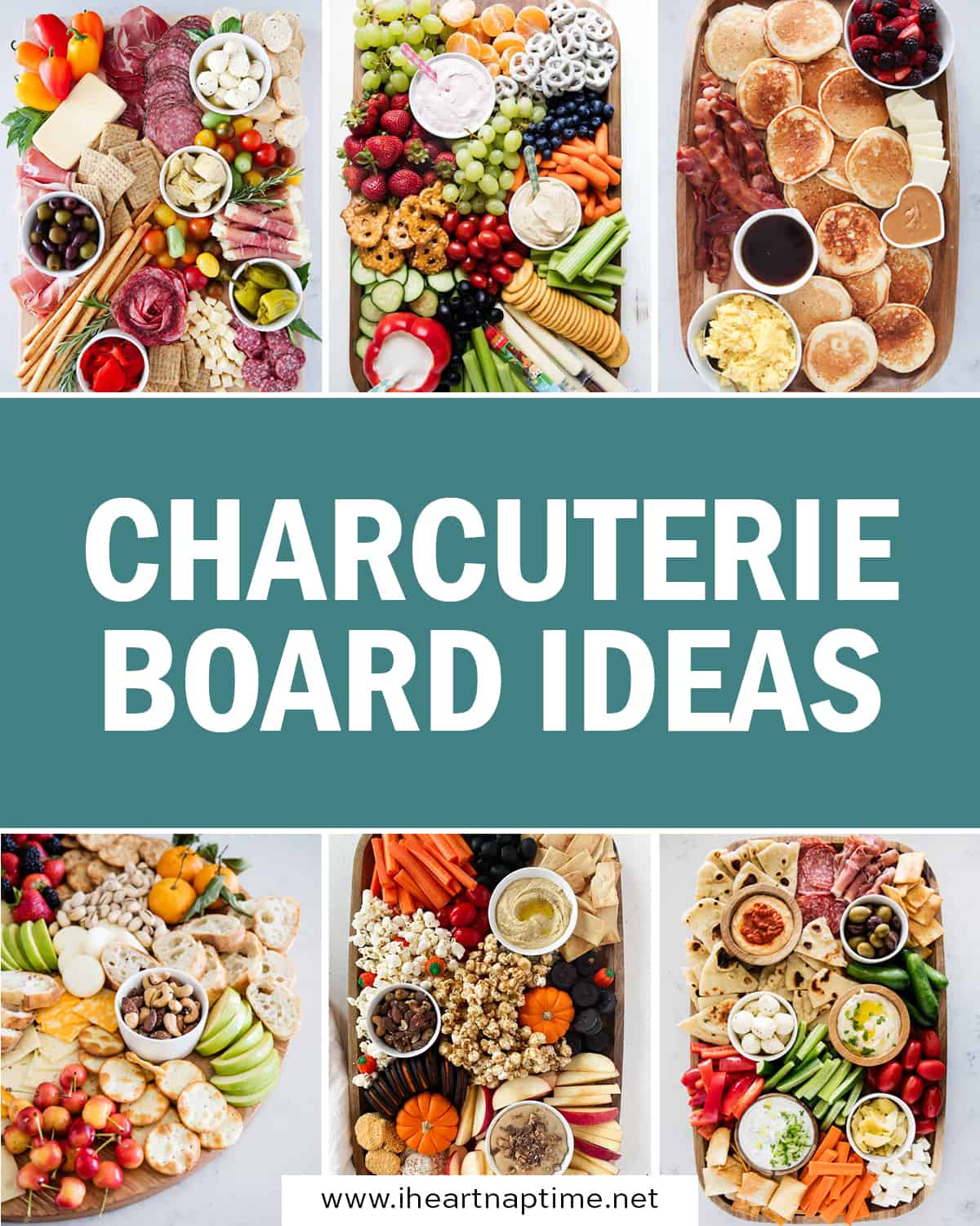 From savory to sweet, these delicious charcuterie board ideas will help you celebrate any occasion in style! From traditional meat and cheese boards to dessert boards, there is a perfect party platter for any celebration. Charcuterie Board Ideas in a collage.
