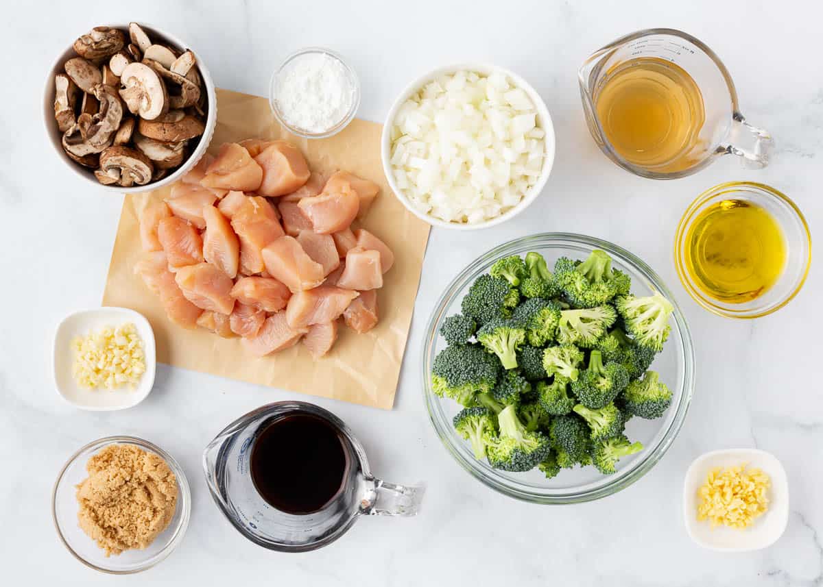 Chicken and broccoli stir fry ingredients.