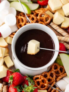 Dipping cake into chocolate fondue.