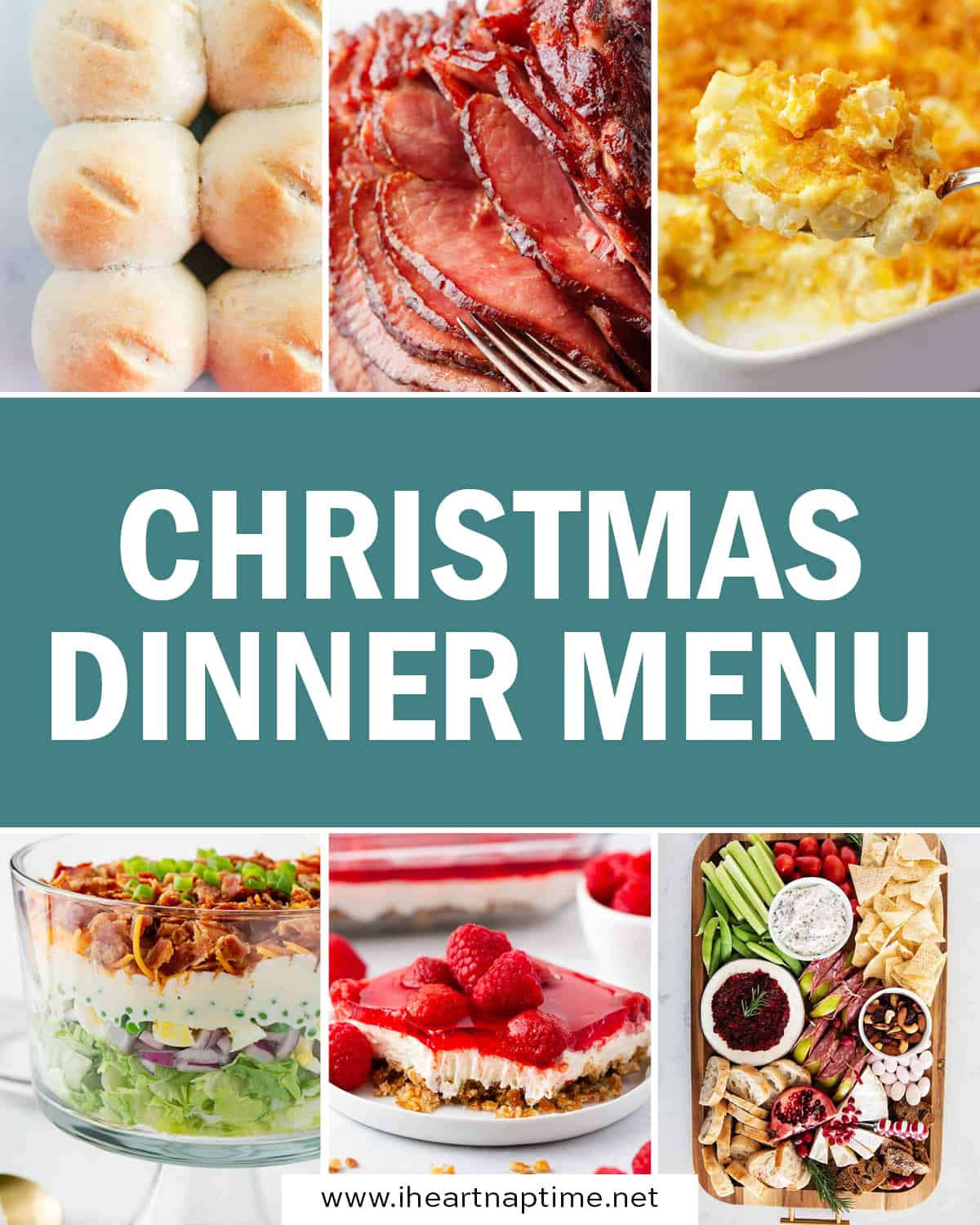 A collage of food photos for a Christmas dinner men.