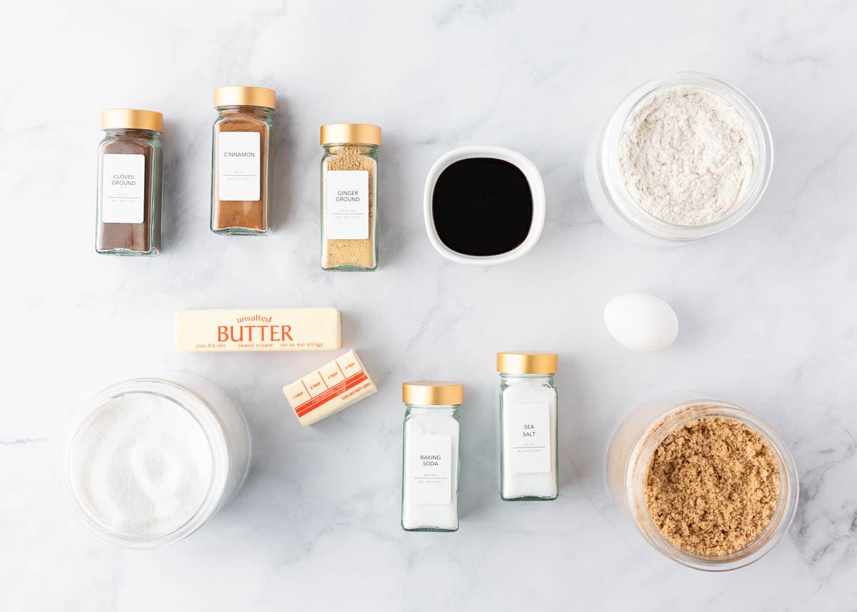 Gingersnap cookie ingredients on the counter.