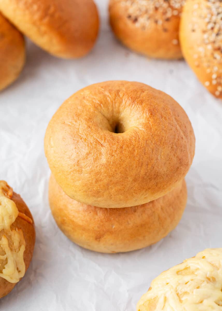 Stack of homemade bagels. 