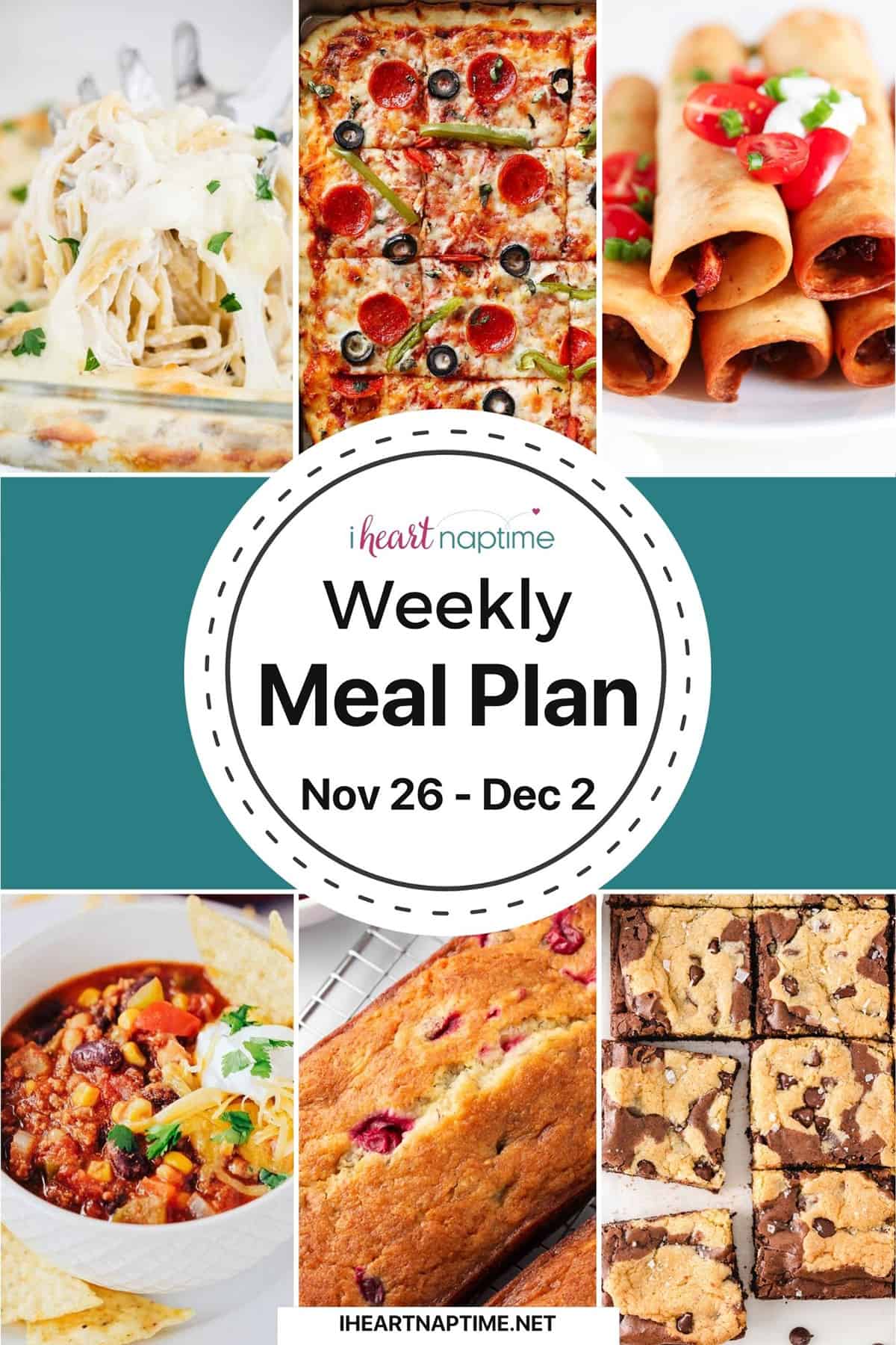 A collage of recipes for a weekly meal plan.