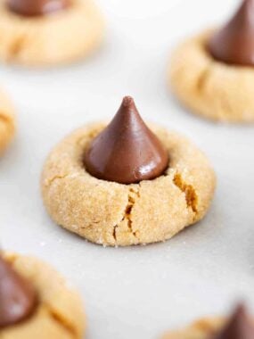 Peanut butter blossoms on a pan.