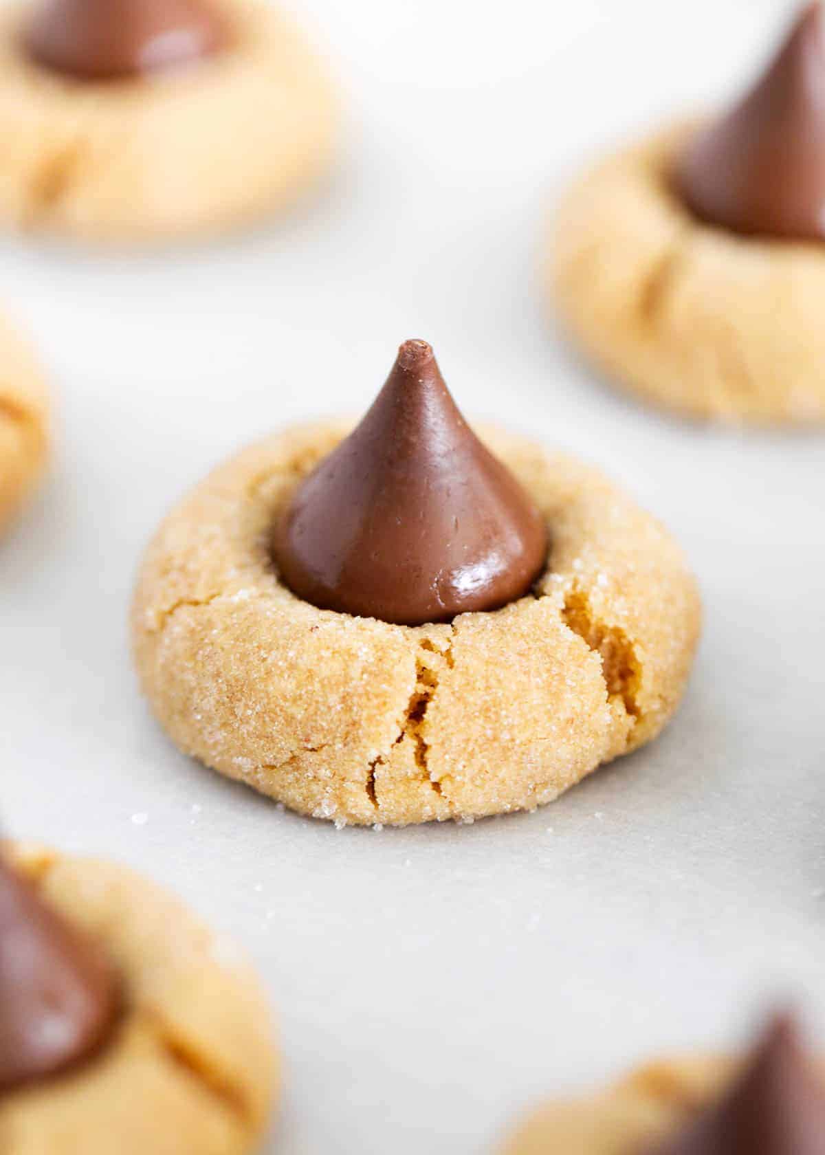 Peanut butter blossoms on a pan.