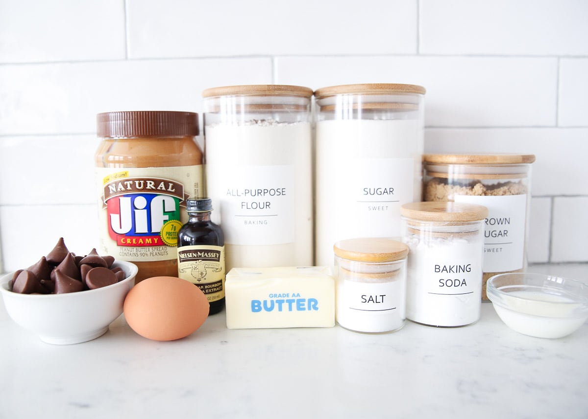 Peanut butter blossom cookie ingredients on the counter.