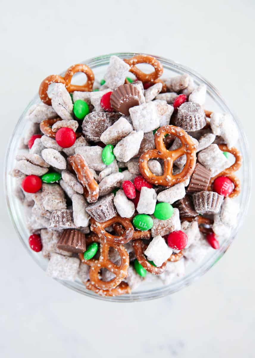 Reindeer chow in a glass bowl.