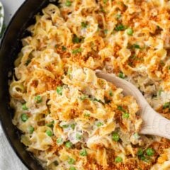 Tuna noodle casserole cooked in a skillet.