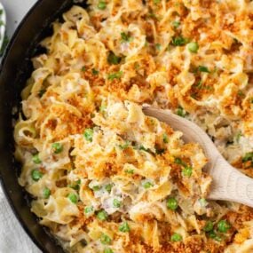 Tuna noodle casserole cooked in a skillet.