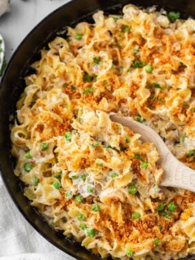 Tuna noodle casserole cooked in a skillet.