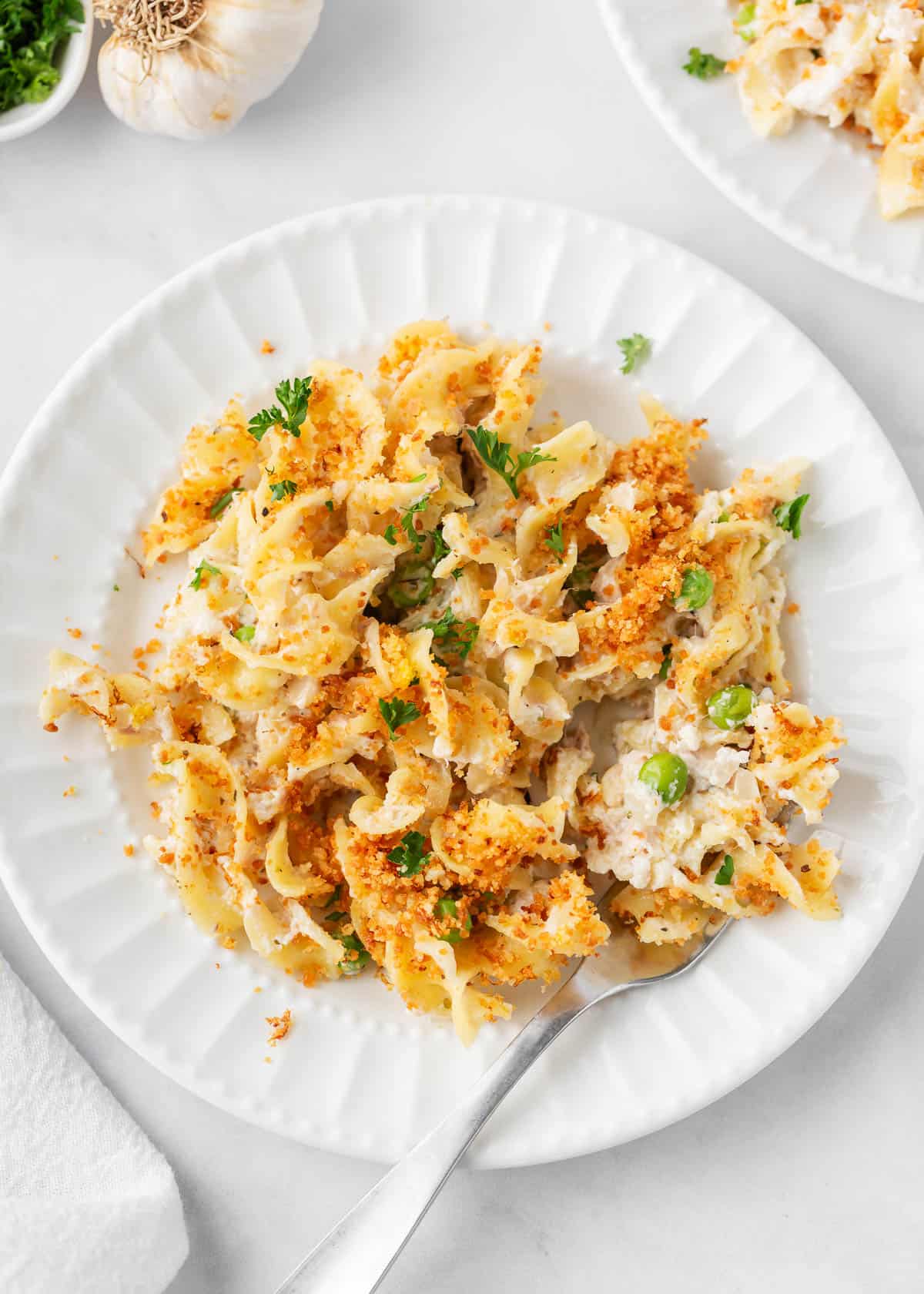 Tuna noodle casserole recipe on a plate.