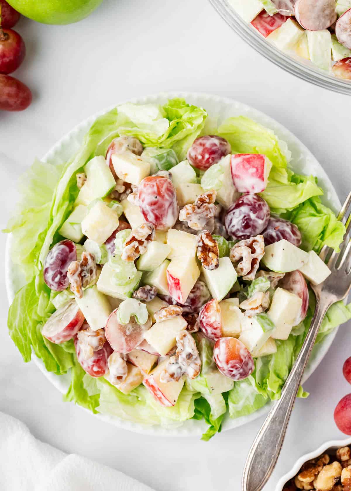 Waldorf salad on a plate with apples.