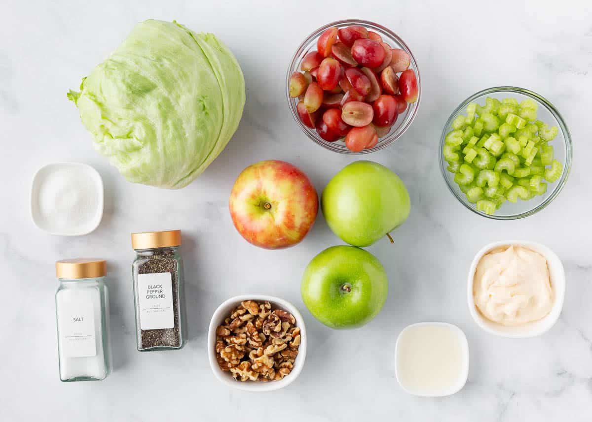 Waldorf salad ingredients on the counter.