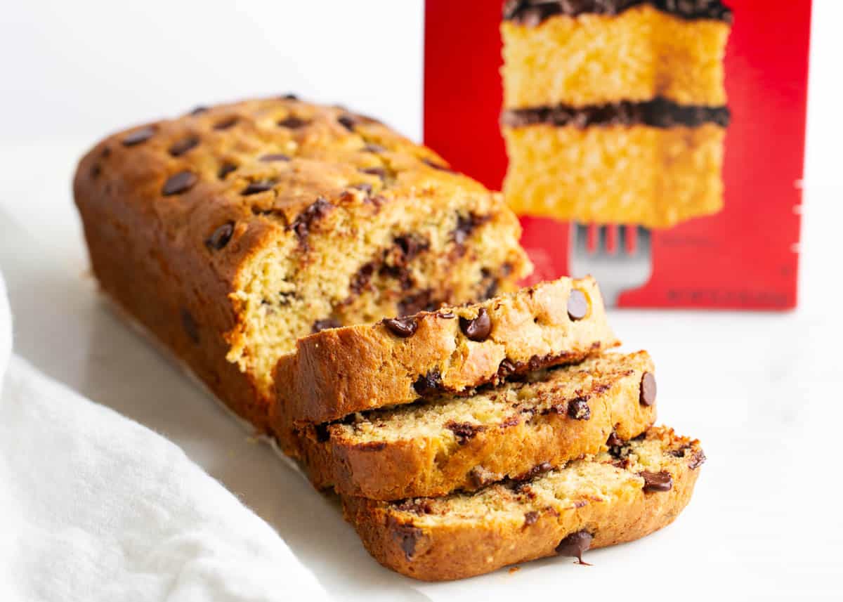 Cake mix banana bread on counter.