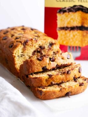 Sliced cake mix banana bread on the counter showing fluffy texture.