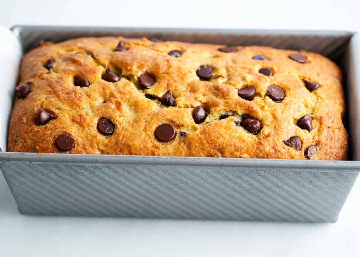 Cake mix banana bread in a loaf pan.