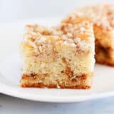 Slice of coffee cake on a plate.