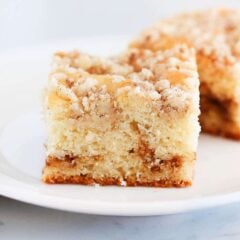 Slice of coffee cake on a plate.