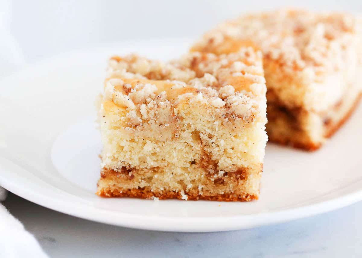 Slice of coffee cake on a plate.