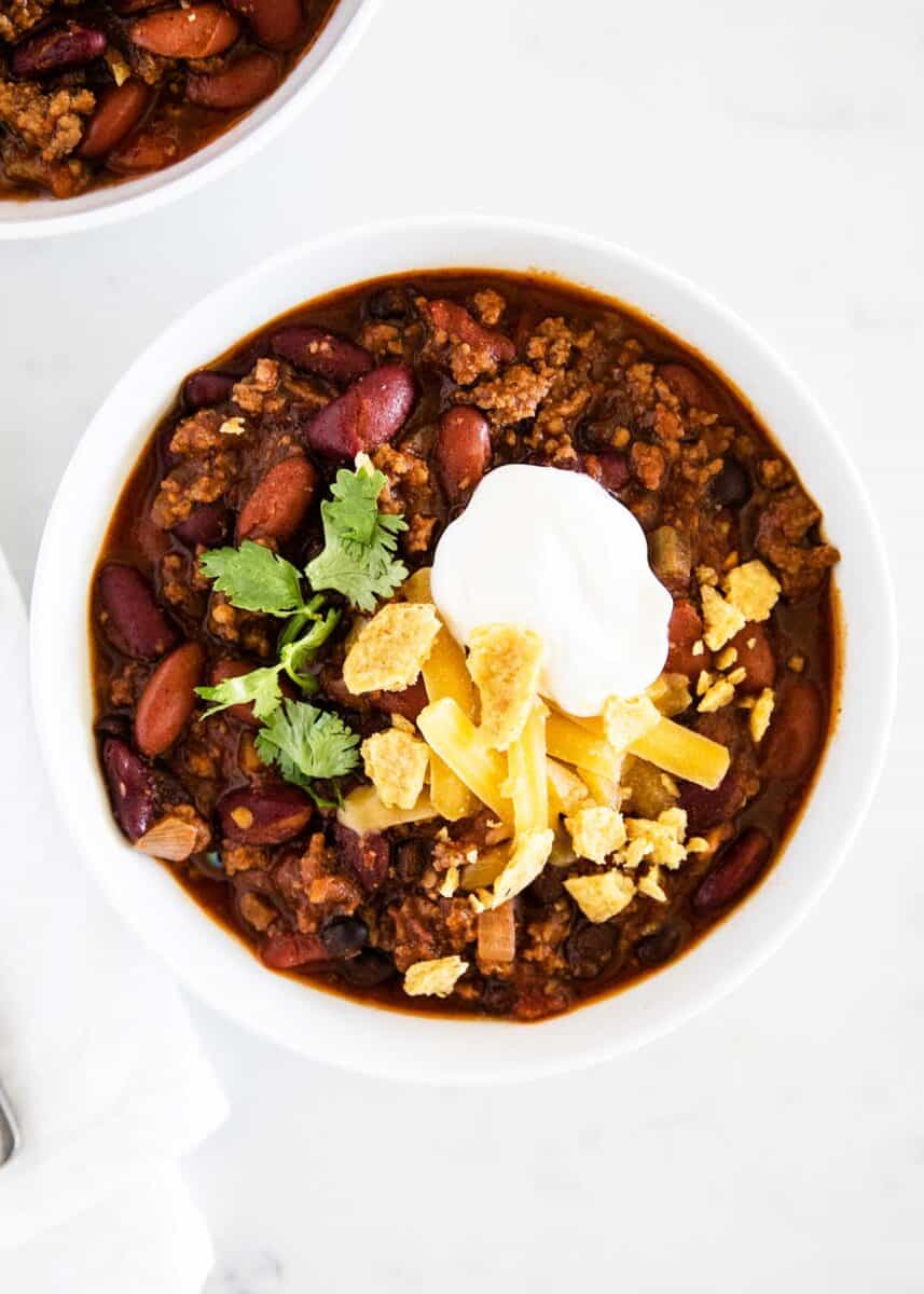 Homemade chili recipe in a bowl.