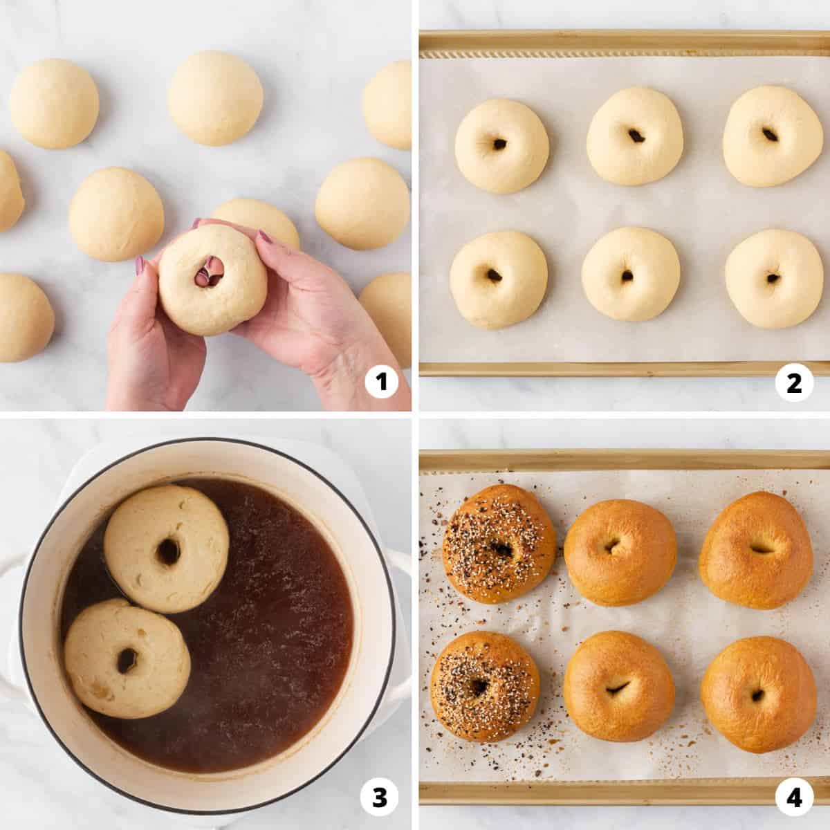 Showing how to make bagels in a 4 step collage.