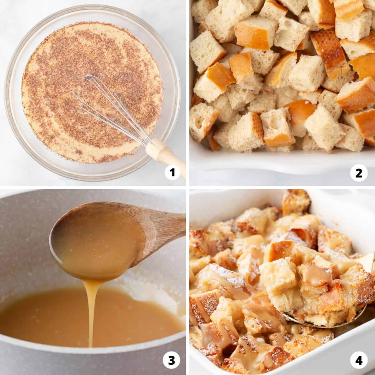 Showing how to make bread pudding in a 4 step collage.