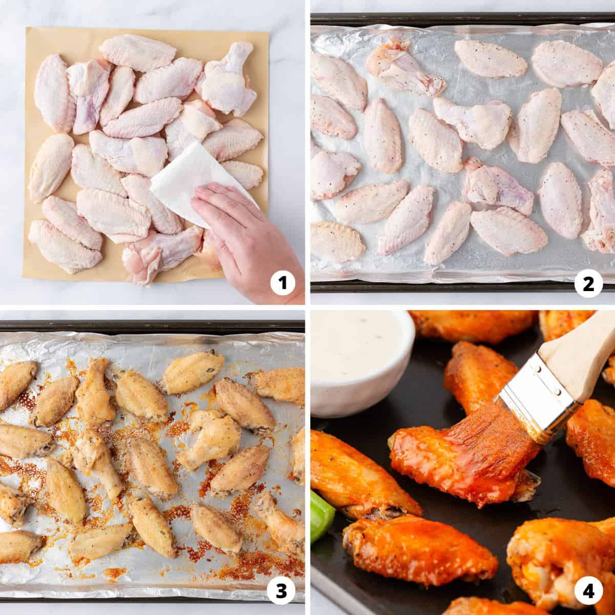 Showing how to make buffalo wings in a 4 step collage.