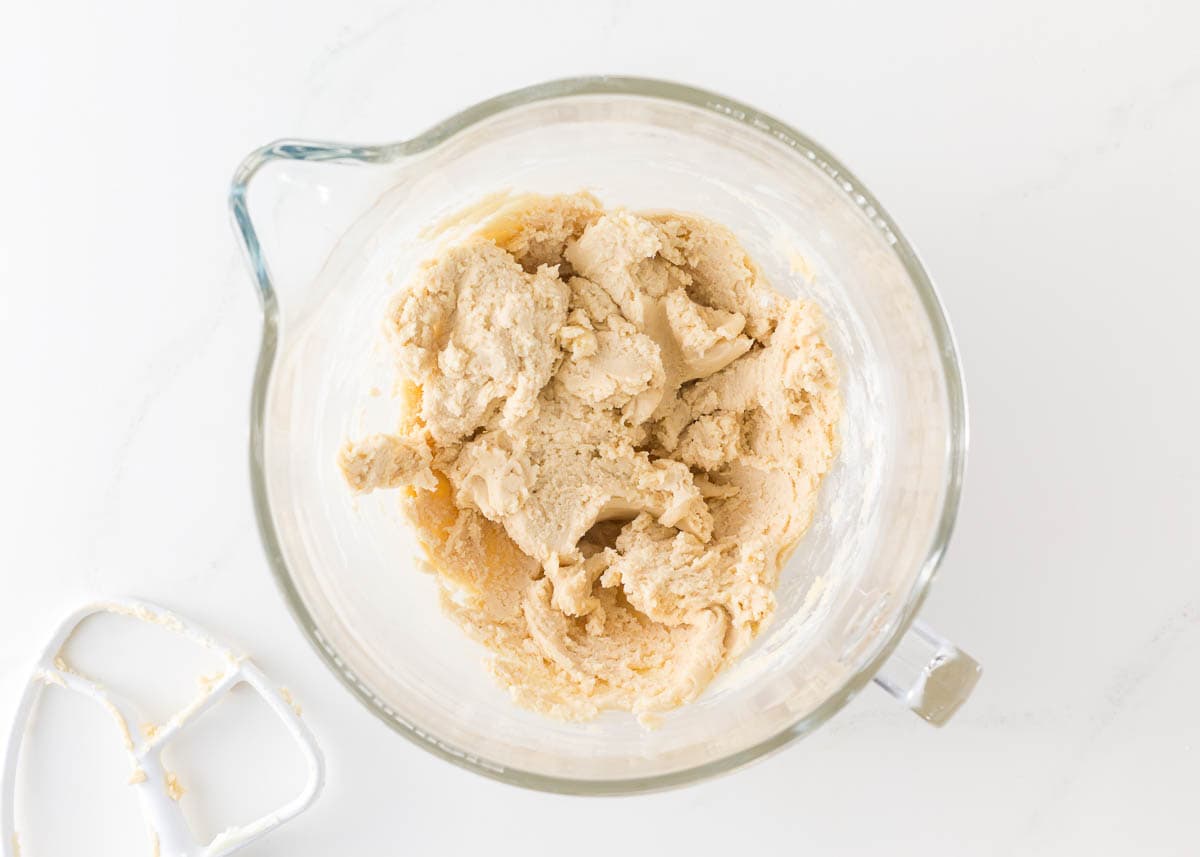 Making candy cane cookie dough.