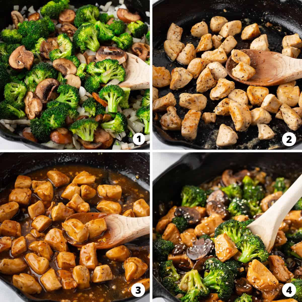 Showing how to make chicken and broccoli stir fry in a 4 step collage.