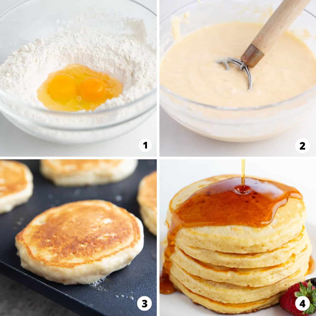 Showing how to make pancakes in a 4 step collage.