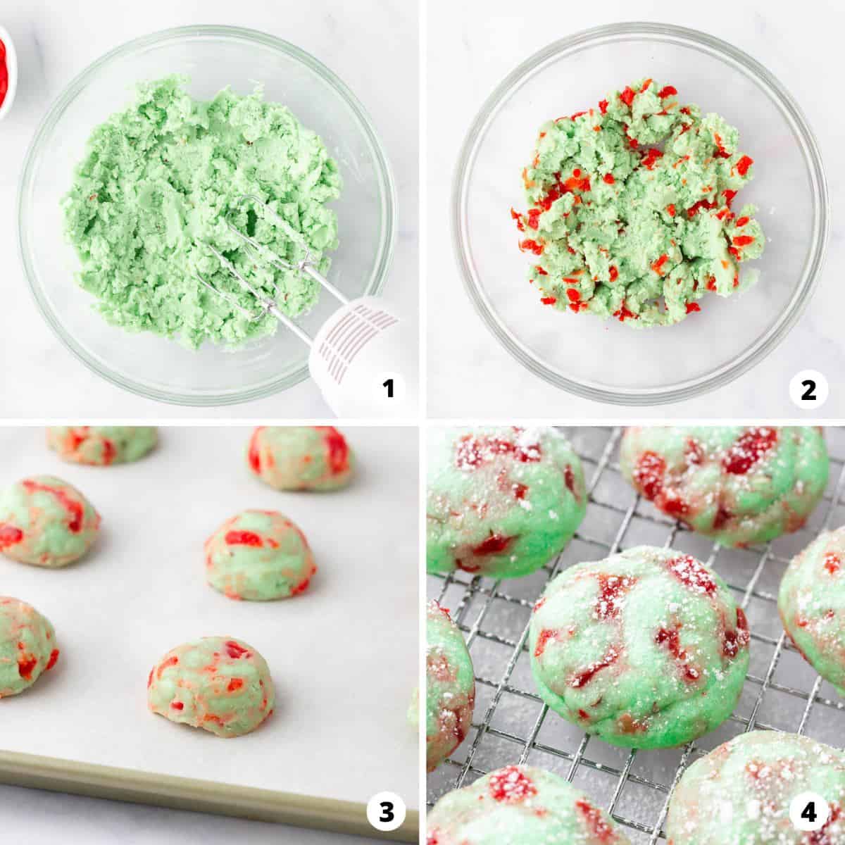 Showing how to make pistachio cookies in a 4 step collage.