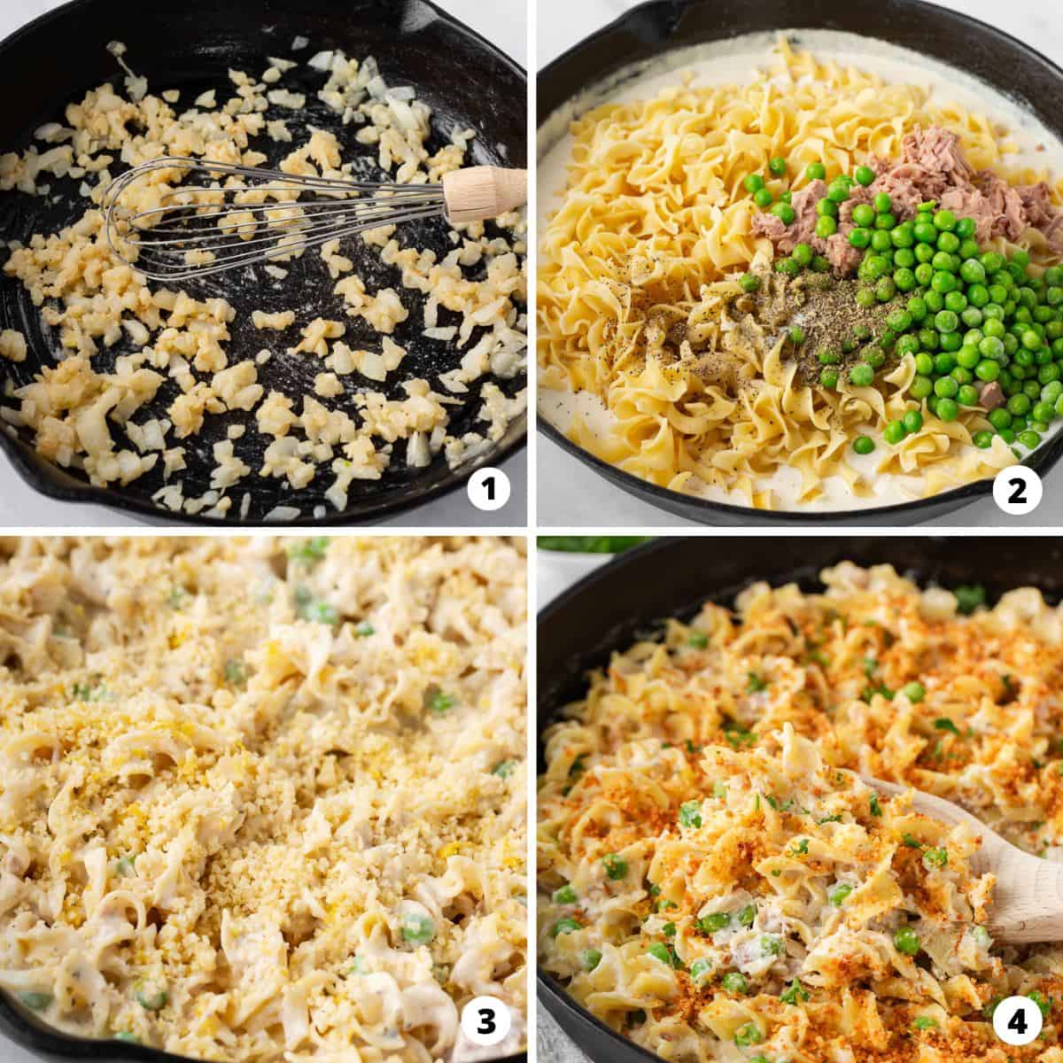 Showing how to make tuna casserole in a 4 step collage. 