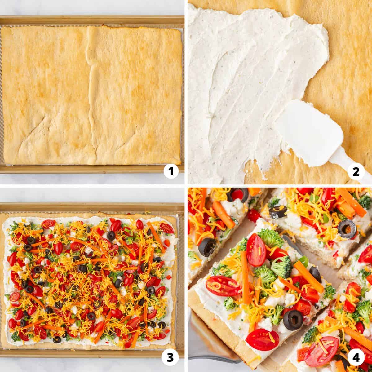 Showing how to make veggie pizza in a 4 step collage.