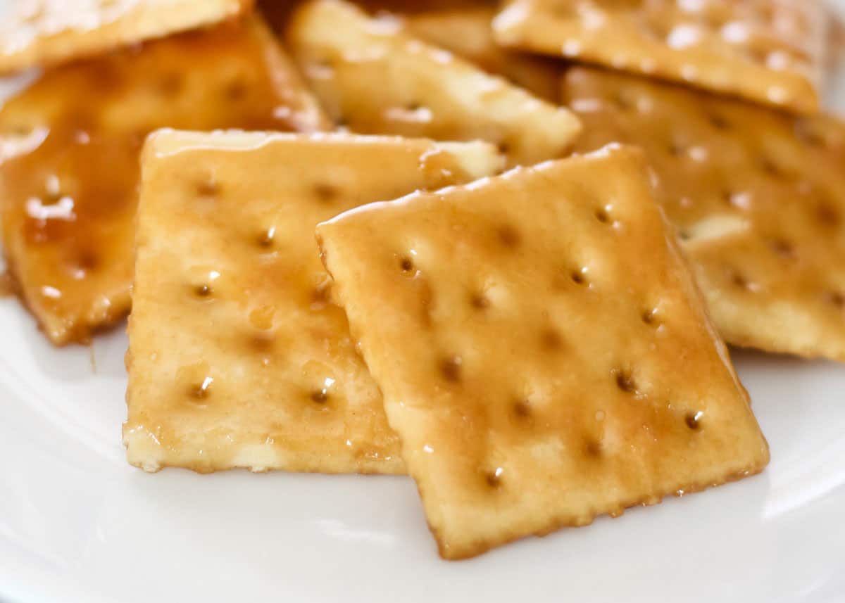 Saltine cracker toffee on a plate.