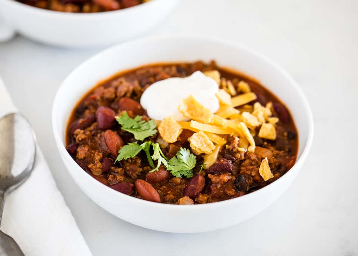 Favorite taco soup recipe in a bowl.