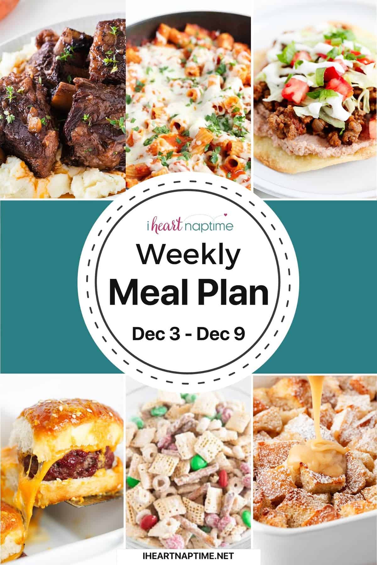 A photo collage of recipes for weekly meal plan.
