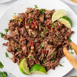 Shredded barbacoa on a plate.