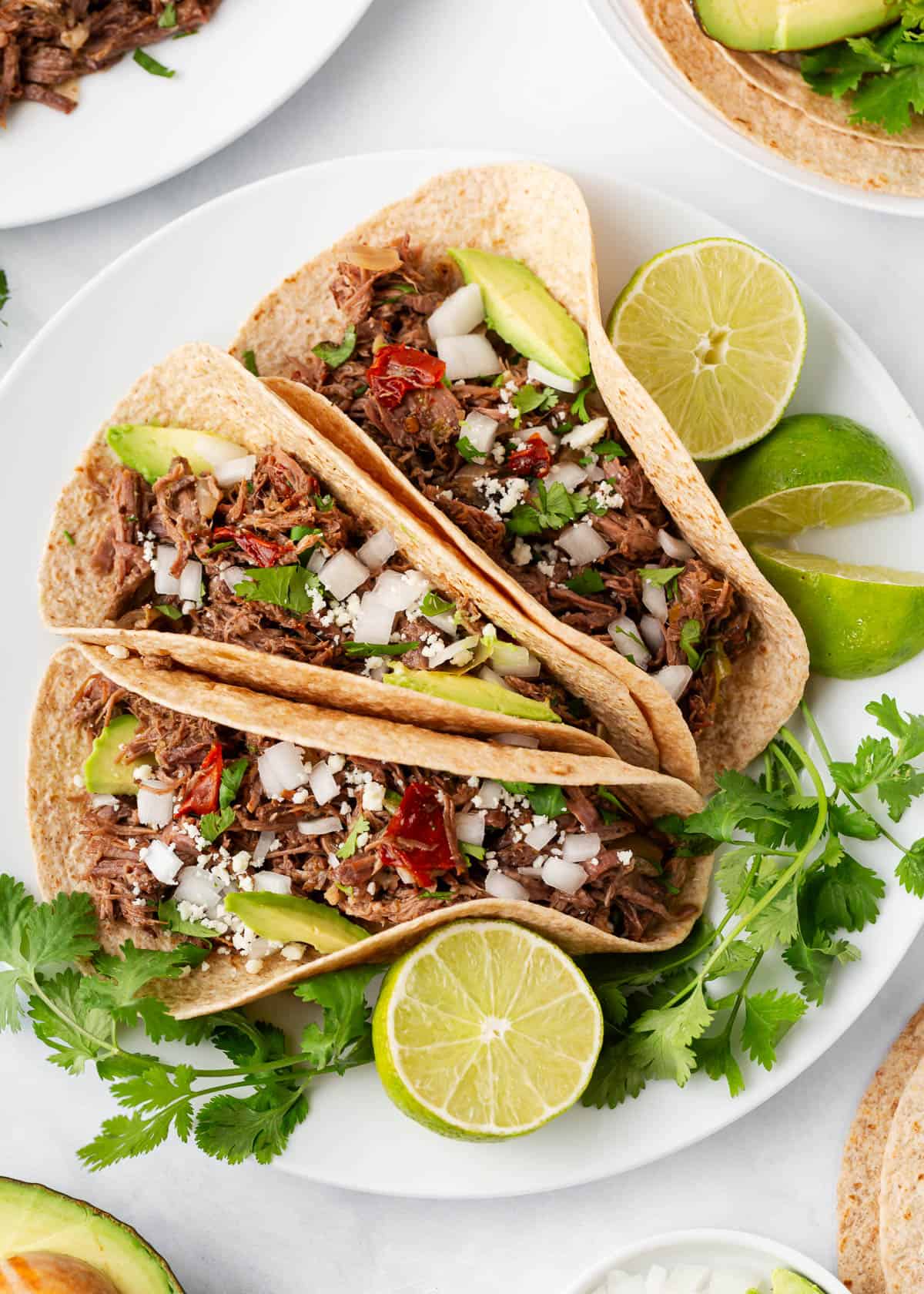 Barbacoa tacos on a plate.