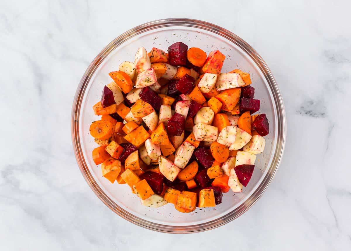 Showing how to make roasted root vegetables.