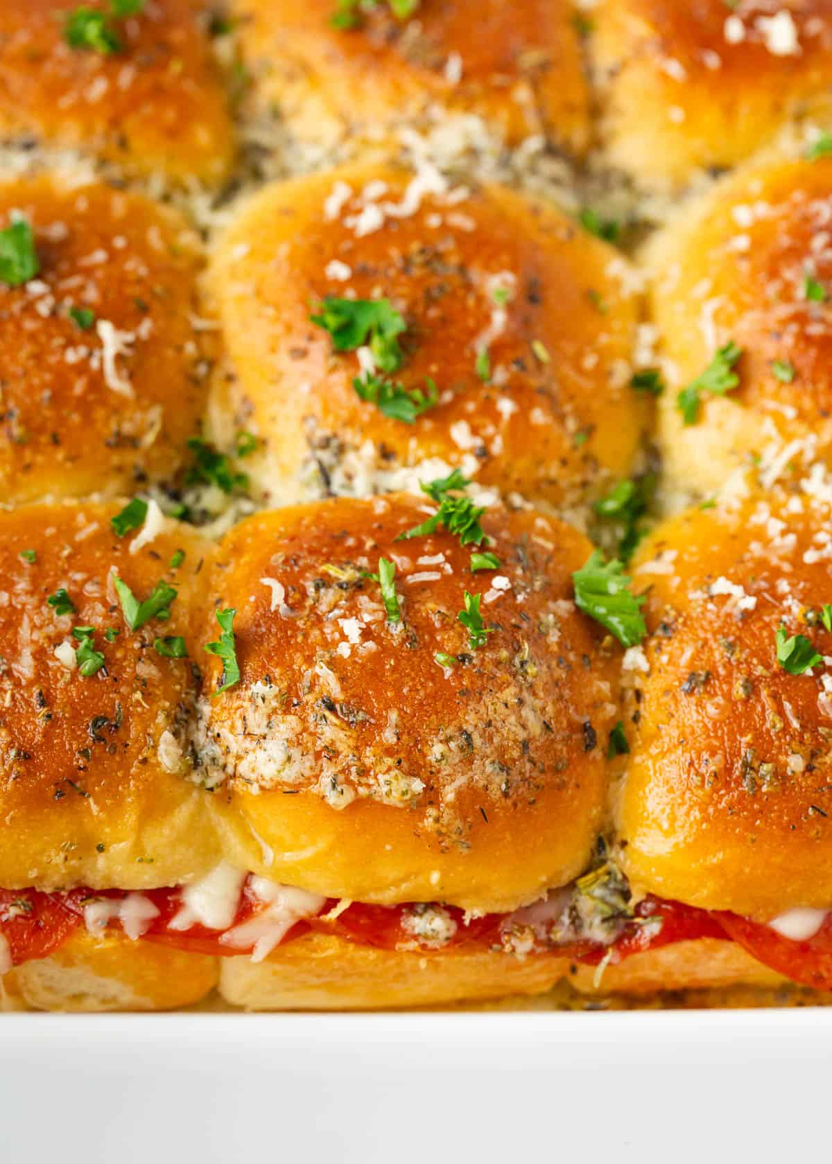 Pizza Sliders in a casserole dish.