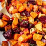 Roasted root vegetables on a platter.