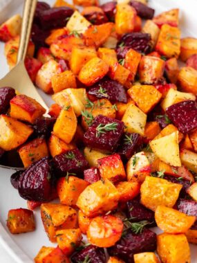 Roasted root vegetables on a platter.