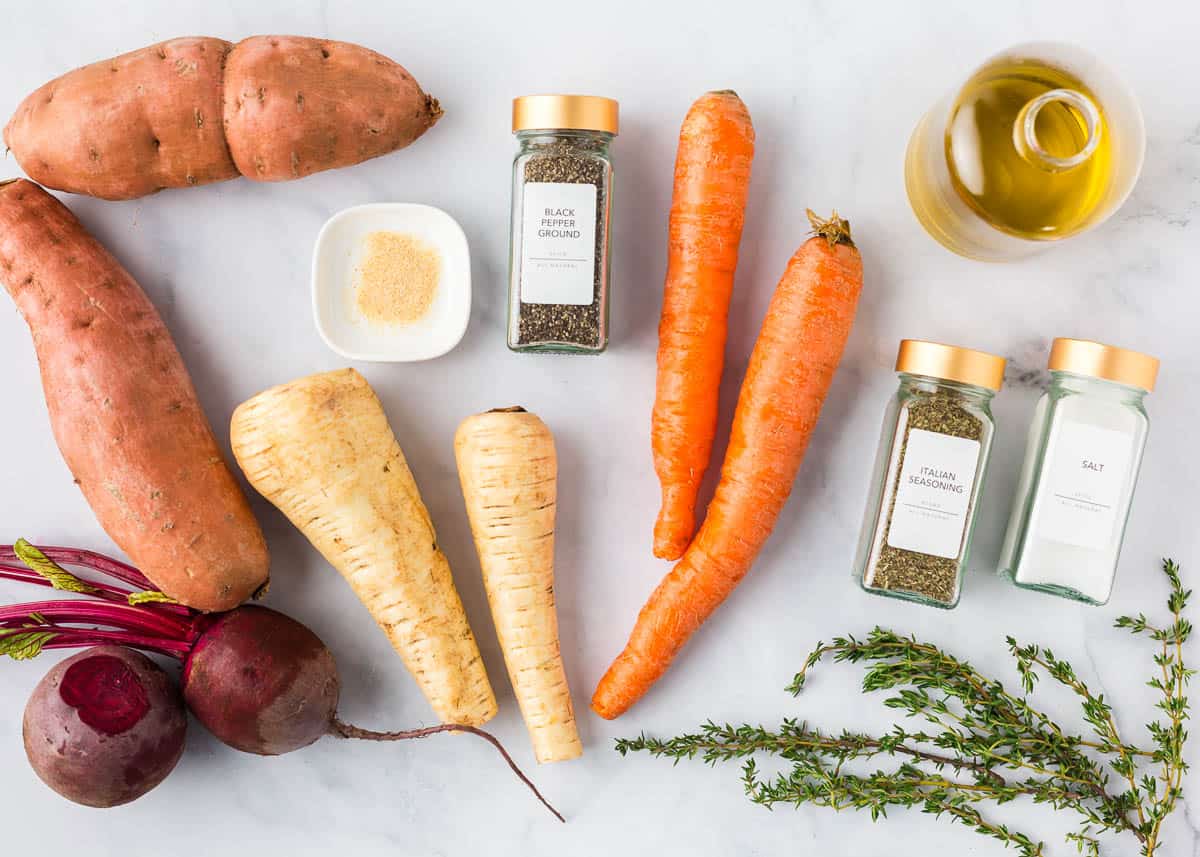 Roasted root vegetables on the counter.